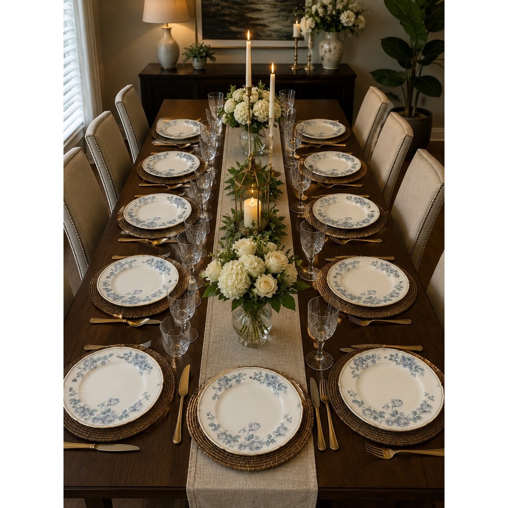 Royal Tettau Germany US Zone Blue Rose Dinner Plates Set of 12 Gold Trim 10.25in